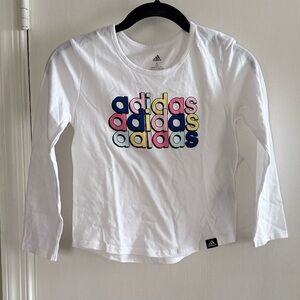 Adidas Kids White Long Sleeve Tee with Multicolor Logo Size 6
